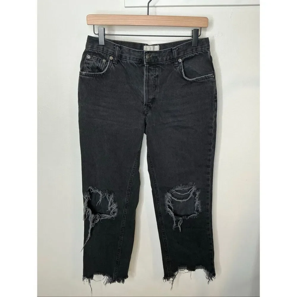Free People We The Free Maggie Mid Rise Straight Leg Jeans | 27 in Washed Black